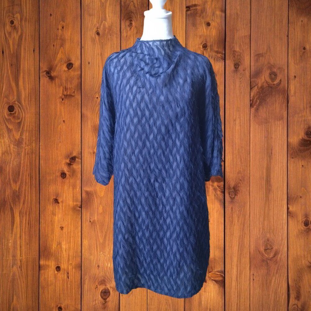 Anthropologie Blue Short Sleeve Fringe Mini Dress Size Large Boho Hippie Girly
